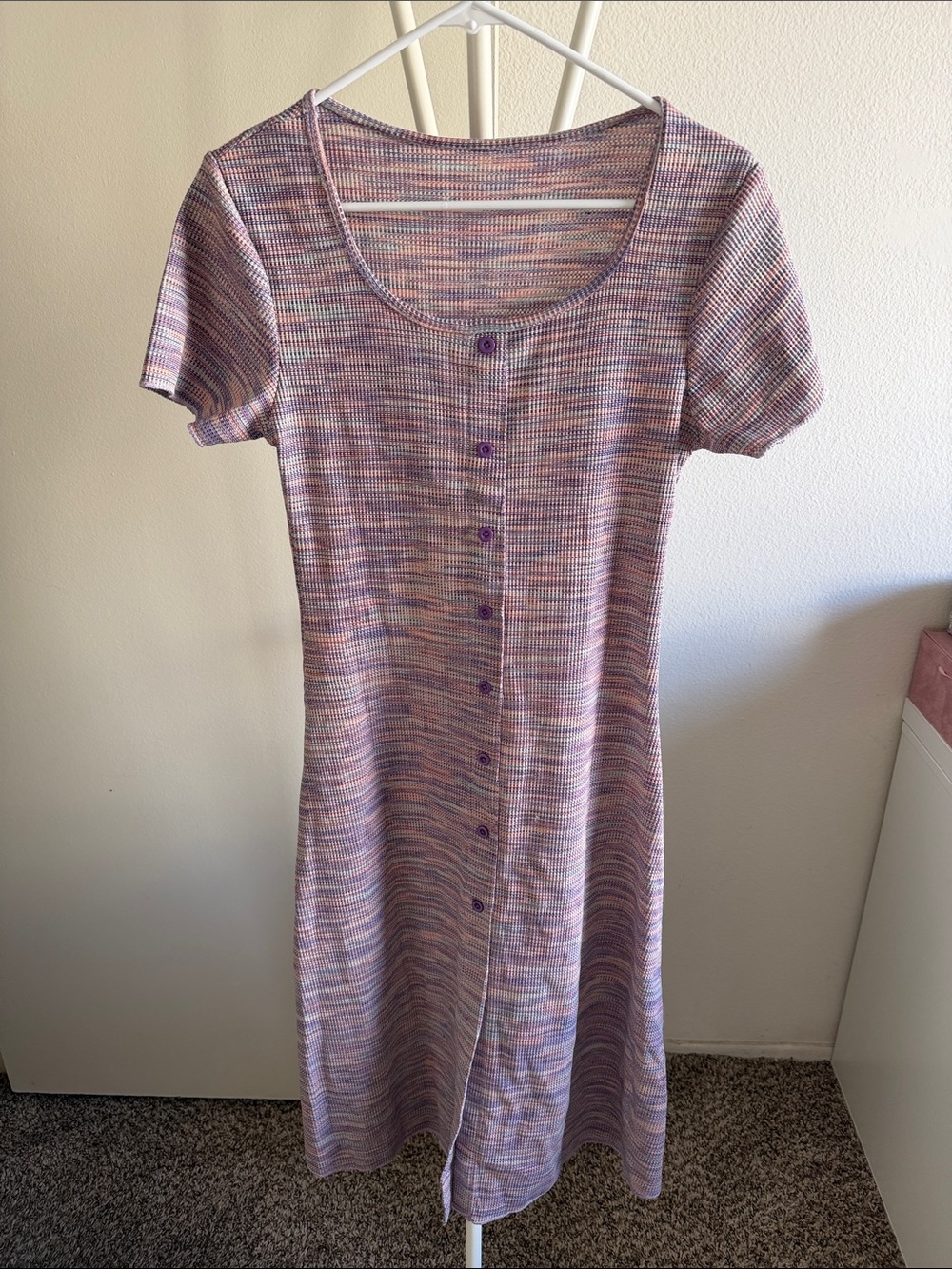 Multicolor Ribbed Button-Front Midi Dress